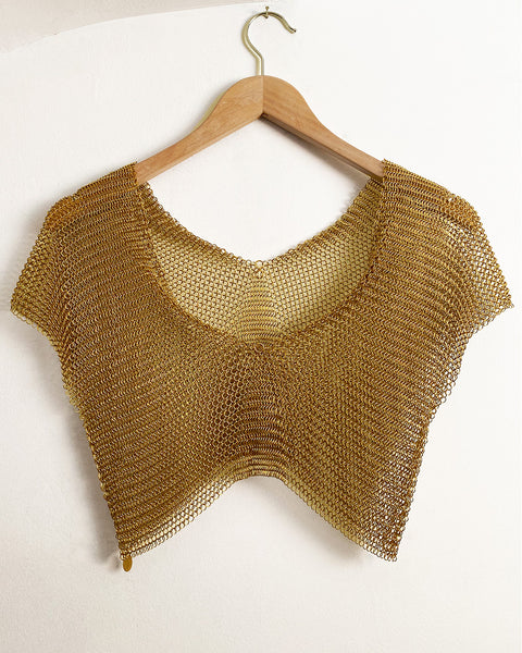 Falconiere Crop Tee - Brass Chainmail V Neck Top - made to order 3-6 weeks