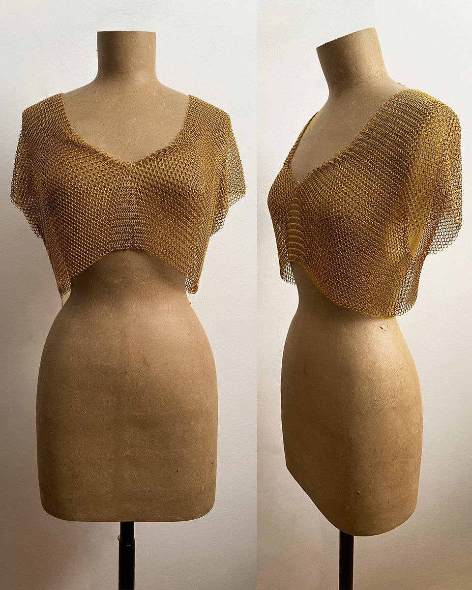 Falconiere Crop Tee - Brass Chainmail V Neck Top - made to order 3