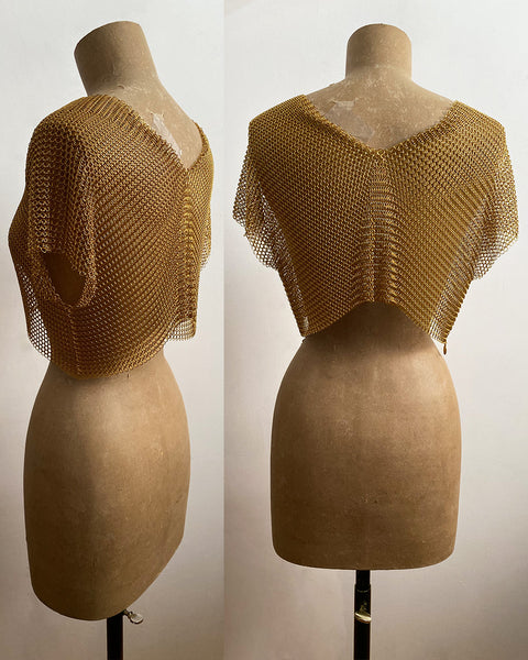 Falconiere Crop Tee - Brass Chainmail V Neck Top - made to order 3-6 weeks