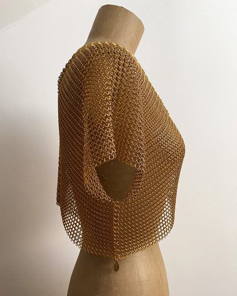 Falconiere Crop Tee - Brass Chainmail V Neck Top - made to order 3-6 weeks