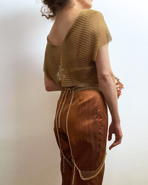Falconiere Crop Tee - Brass Chainmail V Neck Top - made to order 3-6 weeks