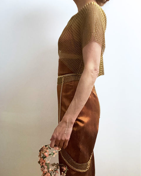 Falconiere Crop Tee - Brass Chainmail V Neck Top - made to order 3-6 weeks