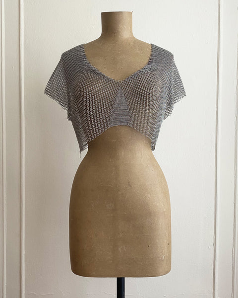 Falconiere Crop Tee - Silver-Tone Chainmail V Neck Top - made to order 3-6 weeks