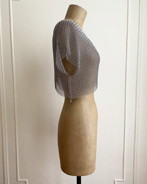 Falconiere Crop Tee - Silver-Tone Chainmail V Neck Top - made to order 3-6 weeks