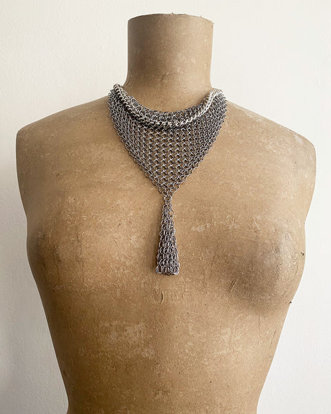Falconiere Cat Bonnet Tasseled Necklace - Silver-tone Chainmail Triangle Neckerchief - Made to Order 3 - 6 weeks