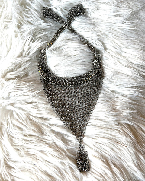 Falconiere Cat Bonnet Tasseled Necklace - Silver-tone Chainmail Triangle Neckerchief - Made to Order 3 - 6 weeks