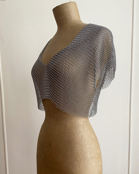 Falconiere Crop Tee - Silver-Tone Chainmail V Neck Top - made to order 3-6 weeks
