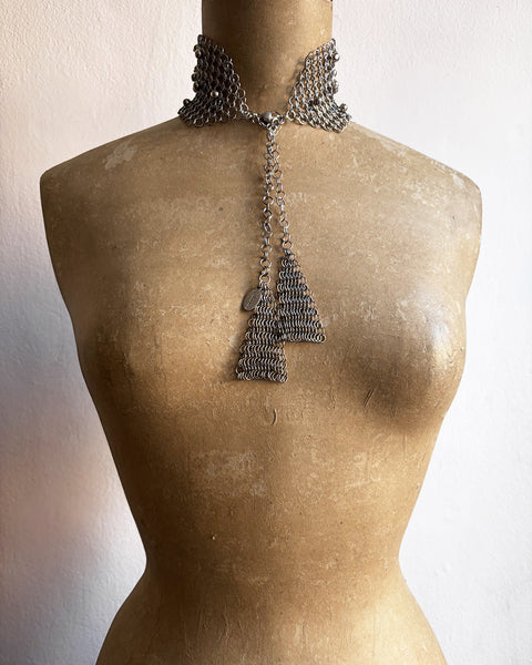 Falconiere Wide Floral Choker with Tassels - Silver-tone Chainmail with Metal Beads - Made to Order 3-6 weeks