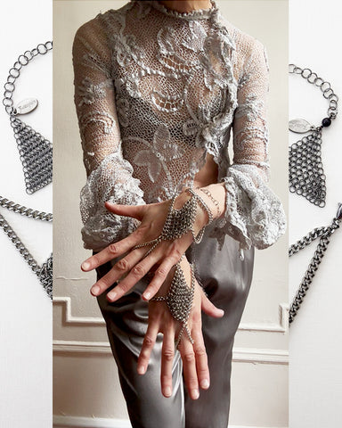 Falconiere Diamond Glovelettes - Silver-tone Chainmail Hand Bracelet Single or Pair - Made to Order 3 - 6 weeks