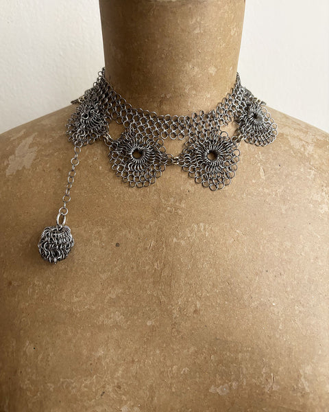Falconiere Corsage Necklace - Silver-tone Chainmail choker with Tassel - made to order 3 - 6 weeks