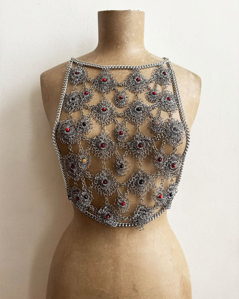 Falconiere Venetian Corset - Silver Lacy Chaimail Beaded Vest - Made to Order 3-6 weeks