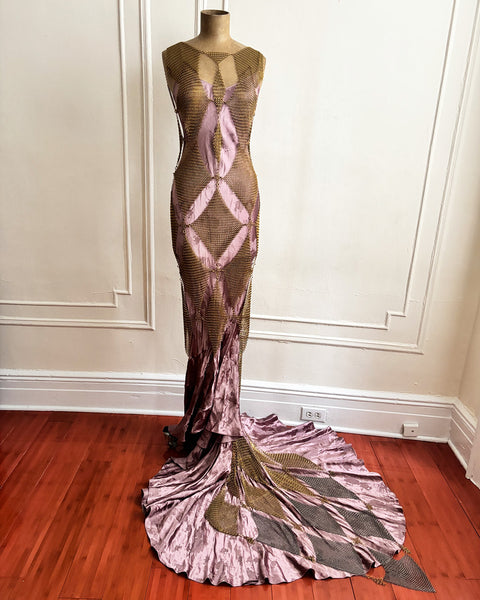 Custom for Birdie Falconiere Diamond Dress with Detachable Train - Brass and Silver-tone Chainmail - made to order 8 weeks