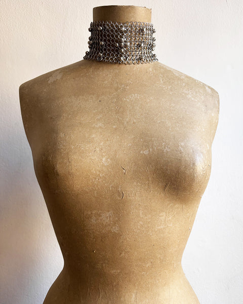 Falconiere Wide Floral Choker with Tassels - Silver-tone Chainmail with Metal Beads - Made to Order 3-6 weeks