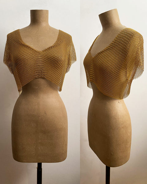 Falconiere Crop Tee - Brass Chainmail V Neck Top - made to order 3-6 weeks