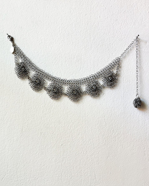Falconiere Corsage Necklace - Silver-tone Chainmail choker with Tassel - made to order 3 - 6 weeks