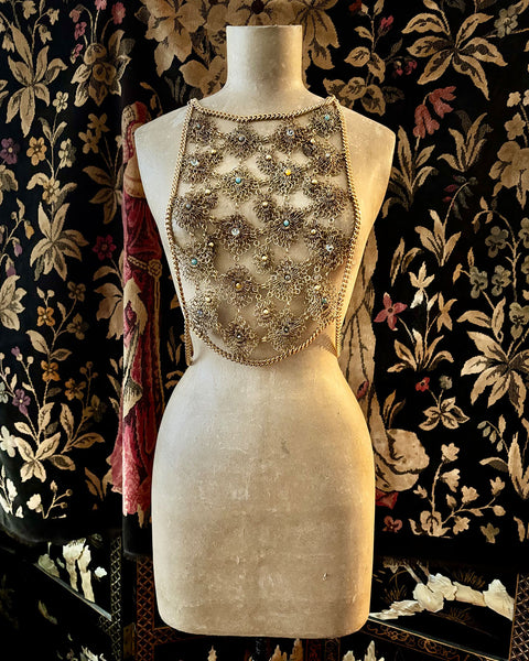 Falconiere Venetian Corset - Brass Lacy Chaimail Beaded Vest - Made to Order 3-6 weeks