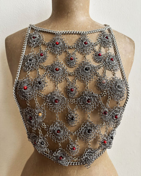 Falconiere Venetian Corset - Silver Lacy Chaimail Beaded Vest - Made to Order 3-6 weeks