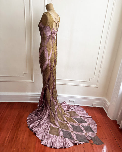 Custom for Birdie Falconiere Diamond Dress with Detachable Train - Brass and Silver-tone Chainmail - made to order 8 weeks