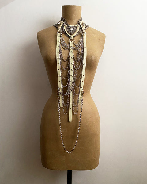 Falconiere Bridle Necklace - Ivory Leather Silver Chain Crystal Harness - Made to Order 3-6 weeks