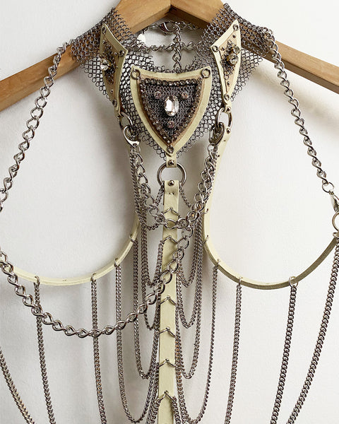 Falconiere Bridle Necklace - Ivory Leather Silver Chain Crystal Harness - Made to Order 3-6 weeks
