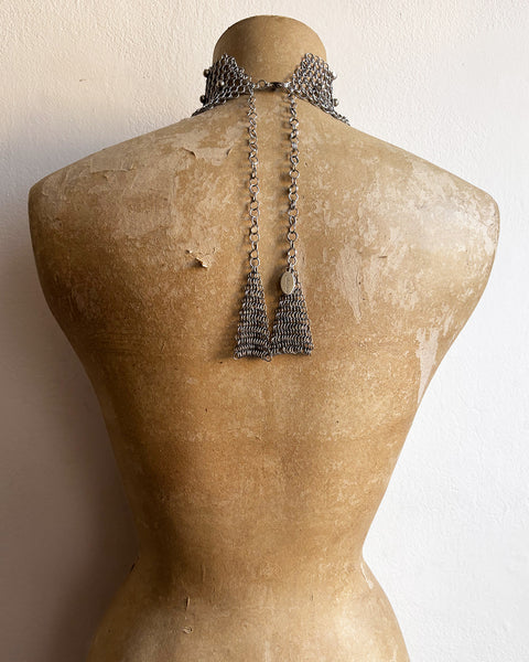 Falconiere Wide Floral Choker with Tassels - Silver-tone Chainmail with Metal Beads - Made to Order 3-6 weeks