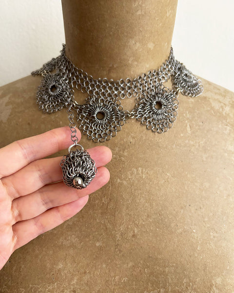 Falconiere Corsage Necklace - Silver-tone Chainmail choker with Tassel - made to order 3 - 6 weeks
