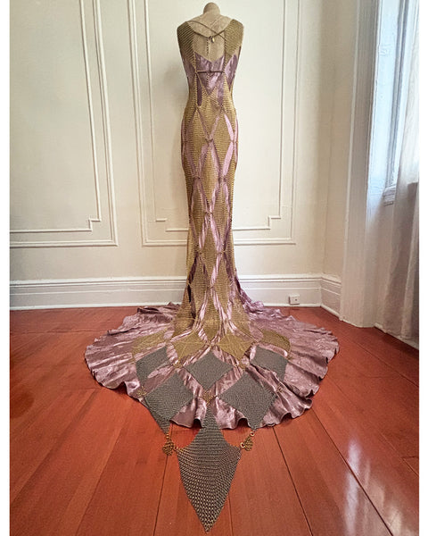 Custom for Birdie Falconiere Diamond Dress with Detachable Train - Brass and Silver-tone Chainmail - made to order 8 weeks