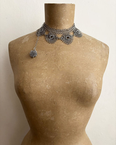 Falconiere Corsage Necklace - Silver-tone Chainmail choker with Tassel - made to order 3 - 6 weeks