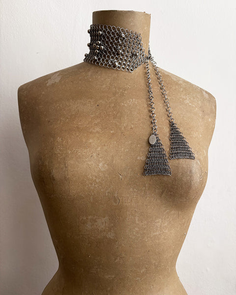 Falconiere Wide Floral Choker with Tassels - Silver-tone Chainmail with Metal Beads - Made to Order 3-6 weeks