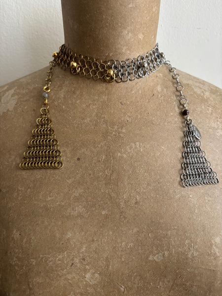 Falconiere Studded Choker with Tassels - Silver & Brass Mixed Metal Chainmail Beaded Necklace - Made to Order 3 - 6 weeks
