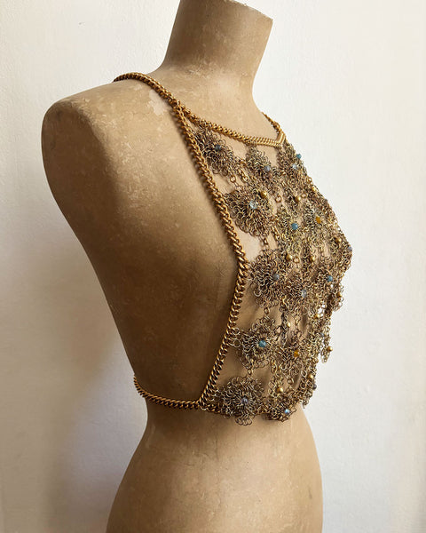 Falconiere Venetian Corset - Brass Lacy Chaimail Beaded Vest - Made to Order 3-6 weeks
