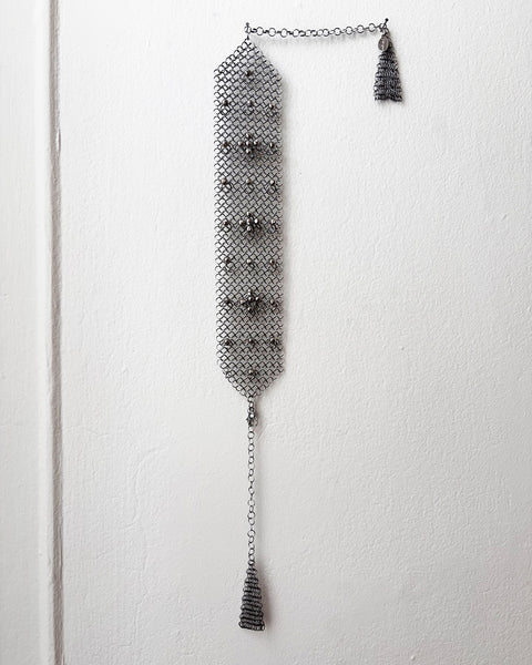 Falconiere Wide Floral Choker with Tassels - Silver-tone Chainmail with Metal Beads - Made to Order 3-6 weeks