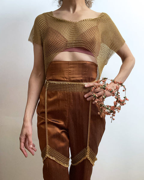 Falconiere Crop Tee - Brass Chainmail V Neck Top - made to order 3-6 weeks