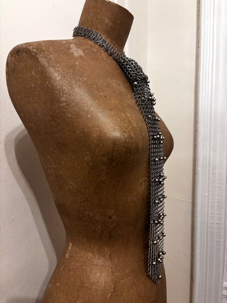 Falconiere Floral Tie - Beaded Silver-tone Chainmail Necktie - made to order 3 - 6 weeks