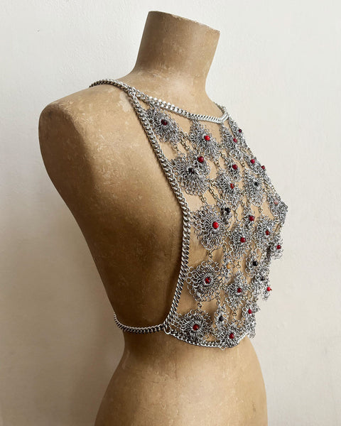 Falconiere Venetian Corset - Silver Lacy Chaimail Beaded Vest - Made to Order 3-6 weeks