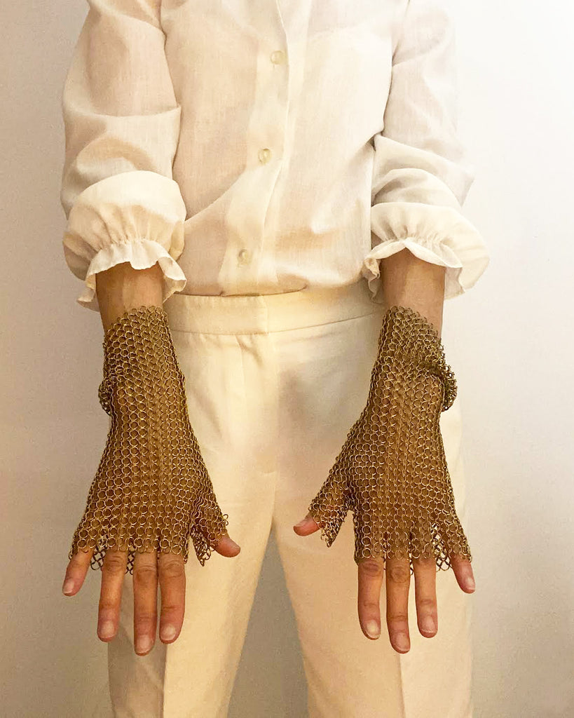 Falconiere Mid Length Gloves - Pair of Brass Chainmail Fingerless