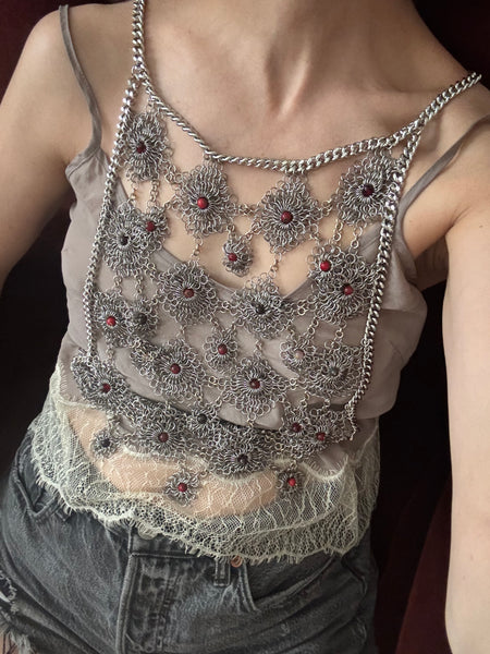 Falconiere Venetian Corset - Silver Chaimail Vest with Semi-precious stones  - Made to Order 3-6 weeks