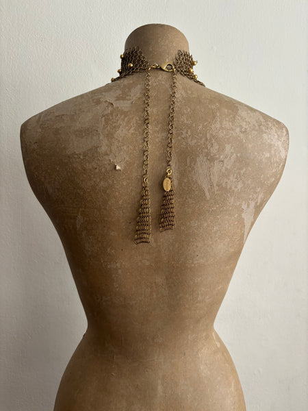 Falconiere Wide Floral Choker with Tassels - Brass Chainmail with Metal Beads - Made to Order 3-6 weeks