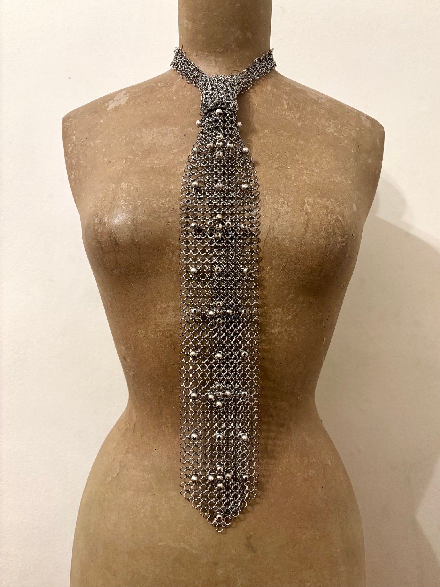 Falconiere Floral Tie - Beaded Silver-tone Chainmail Necktie - made to order 3 - 6 weeks