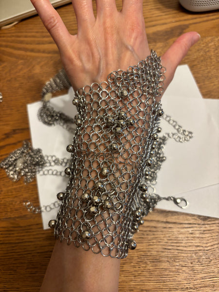 Custom for Laura - Falconiere Pair of Wide Floral Cuffs with Tassels - Silver-tone Chainmail with Metal Beads - Made to Order 3-6 weeks