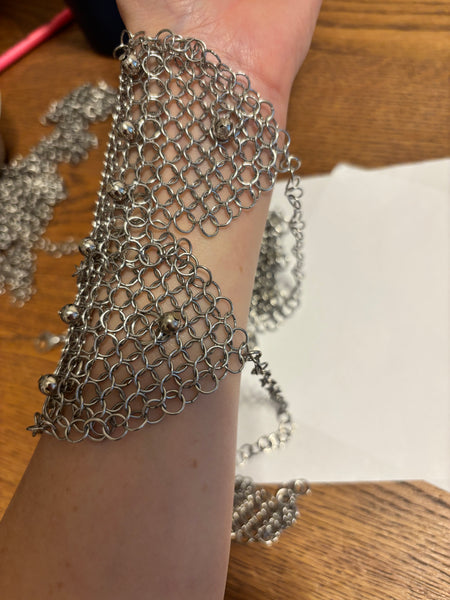 Custom for Laura - Falconiere Pair of Wide Floral Cuffs with Tassels - Silver-tone Chainmail with Metal Beads - Made to Order 3-6 weeks