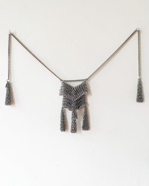 Falconiere Mitered Pouch Necklace with Tassels - Silver-Tone Chainmail - Made to Order 3 - 6 weeks