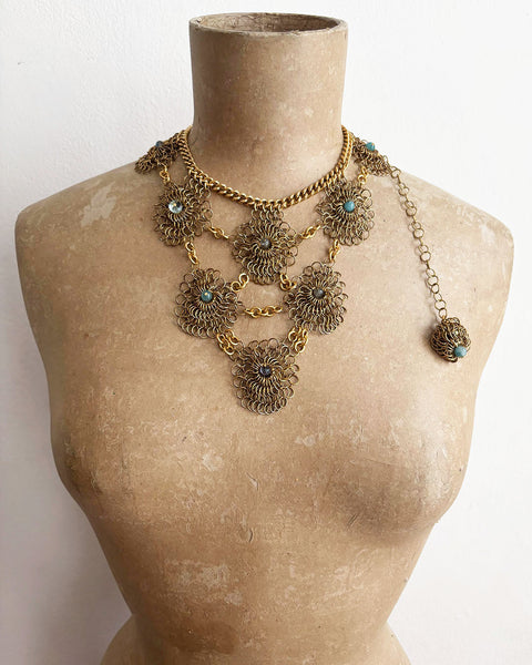 Falconiere Tiered Corsage Beaded Necklace - Brass Chainmail with Tassel - made to order 3 - 6 weeks