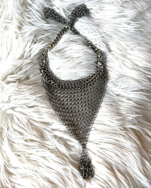 Falconiere Mini Bonnet Tasseled Necklace - Silver-tone Chainmail Triangle Neckerchief - Made to Order 3 - 6 weeks