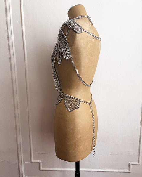 Falconiere Ribbon Bodice - Silver Chainmail Apron - made to order 3-6 weeks