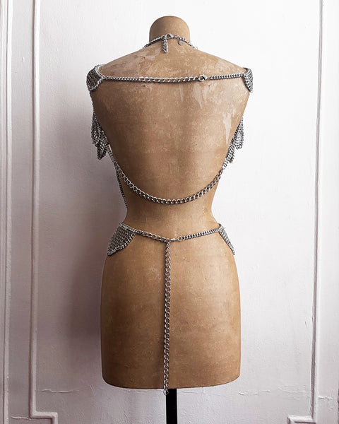 Falconiere Ribbon Bodice - Silver Chainmail Apron - made to order 3-6 weeks