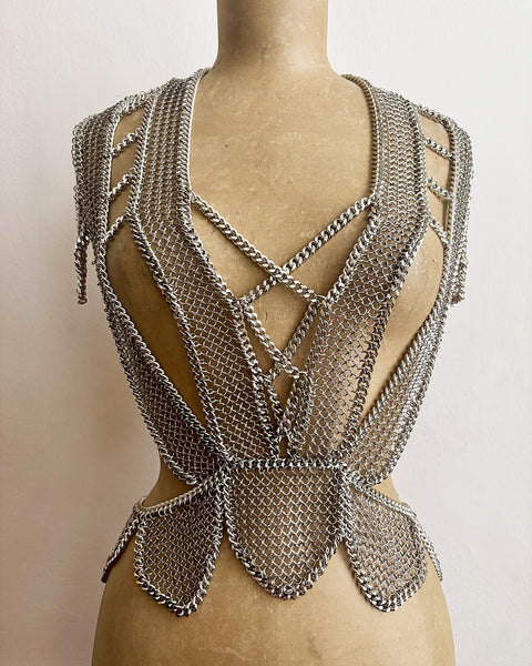 Falconiere Ribbon Bodice - Silver Chainmail Apron - made to order 3-6 weeks