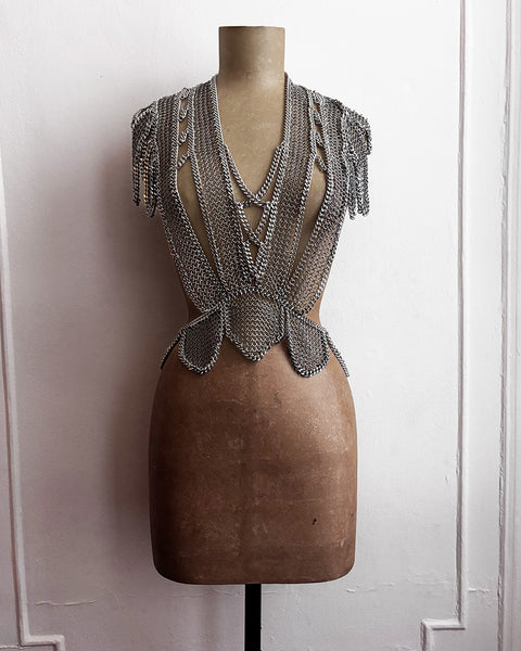Falconiere Ribbon Bodice - Silver Chainmail Apron - made to order 3-6 weeks