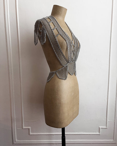 Falconiere Ribbon Bodice - Silver Chainmail Apron - made to order 3-6 weeks