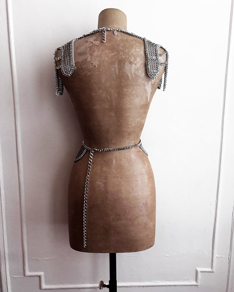 Falconiere Ribbon Bodice - Silver Chainmail Apron - made to order 3-6 weeks